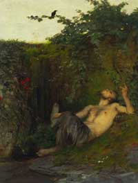 Böcklin Arnold -  Faun, einer Amsel zupfeifend